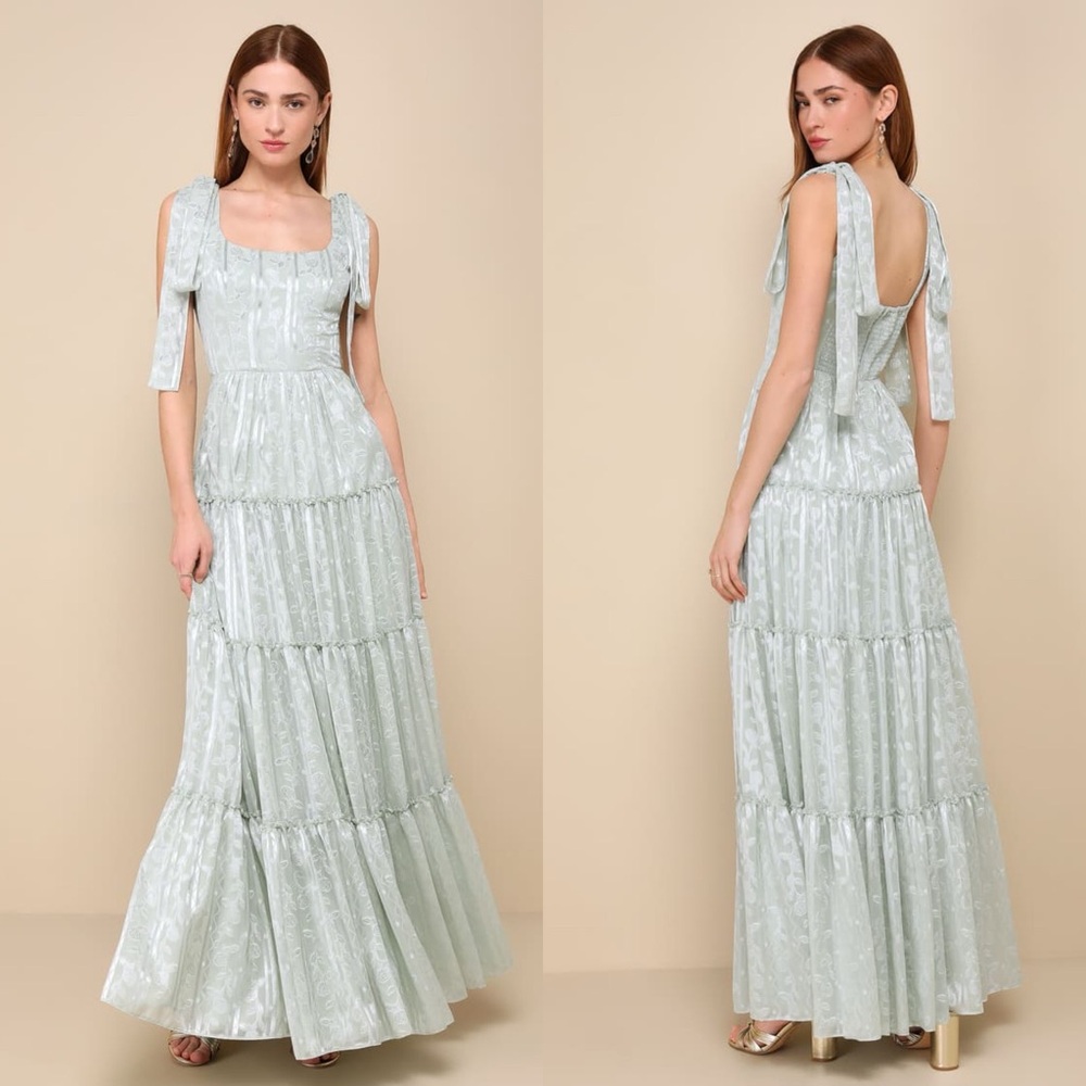 Lulus Picturesque Allure Sage Green Jacquard Tie-Strap Maxi Dress